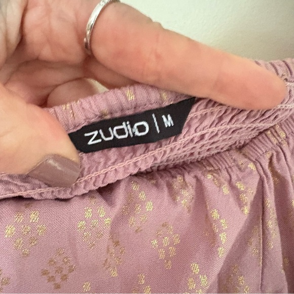Zudio | Mauve/Gold Smocked Puff Sleeve Dress | Size Medium - Picture 10 of 11
